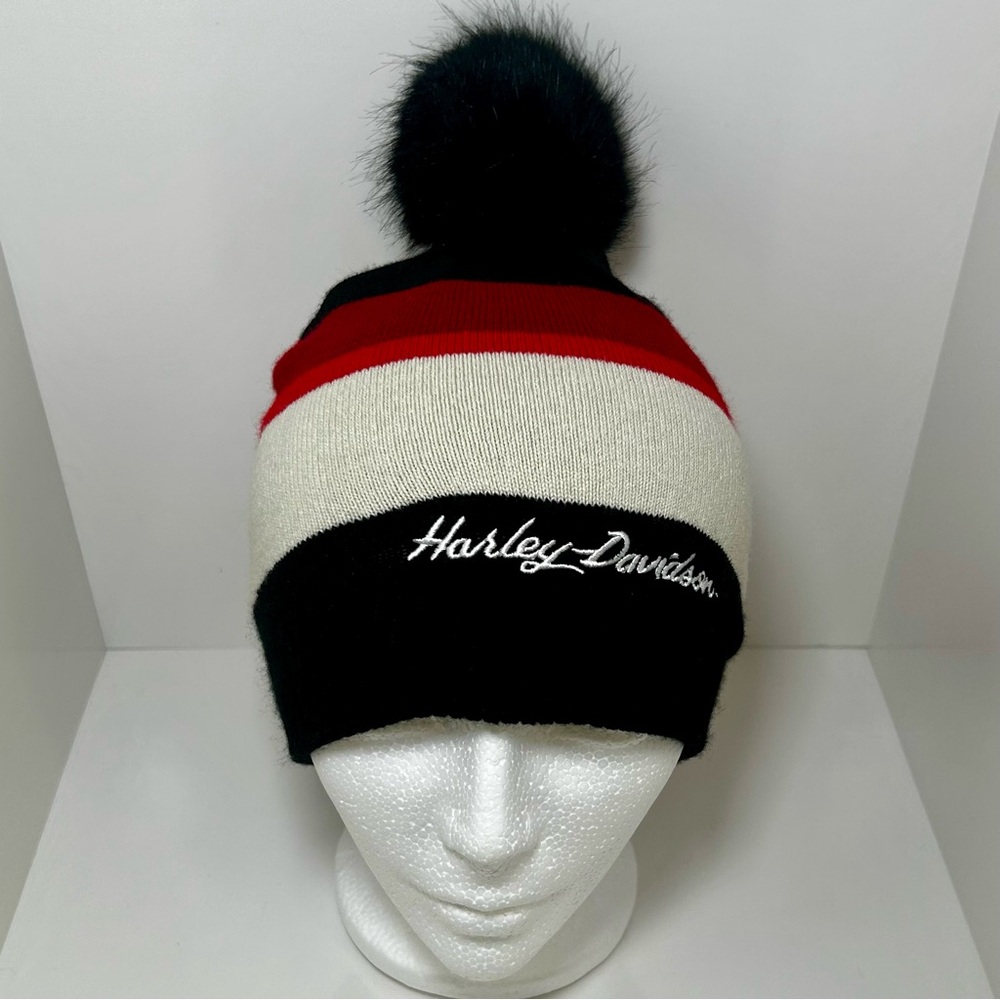 NWOT Harley-Davidson Black & Red Striped Pom Colorblock Beanie Hat, One Size - Picture 3 of 8